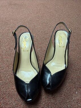 Saint Laurent Black Patent Leather Peep-Toe Slingback Heels with Gold Accents